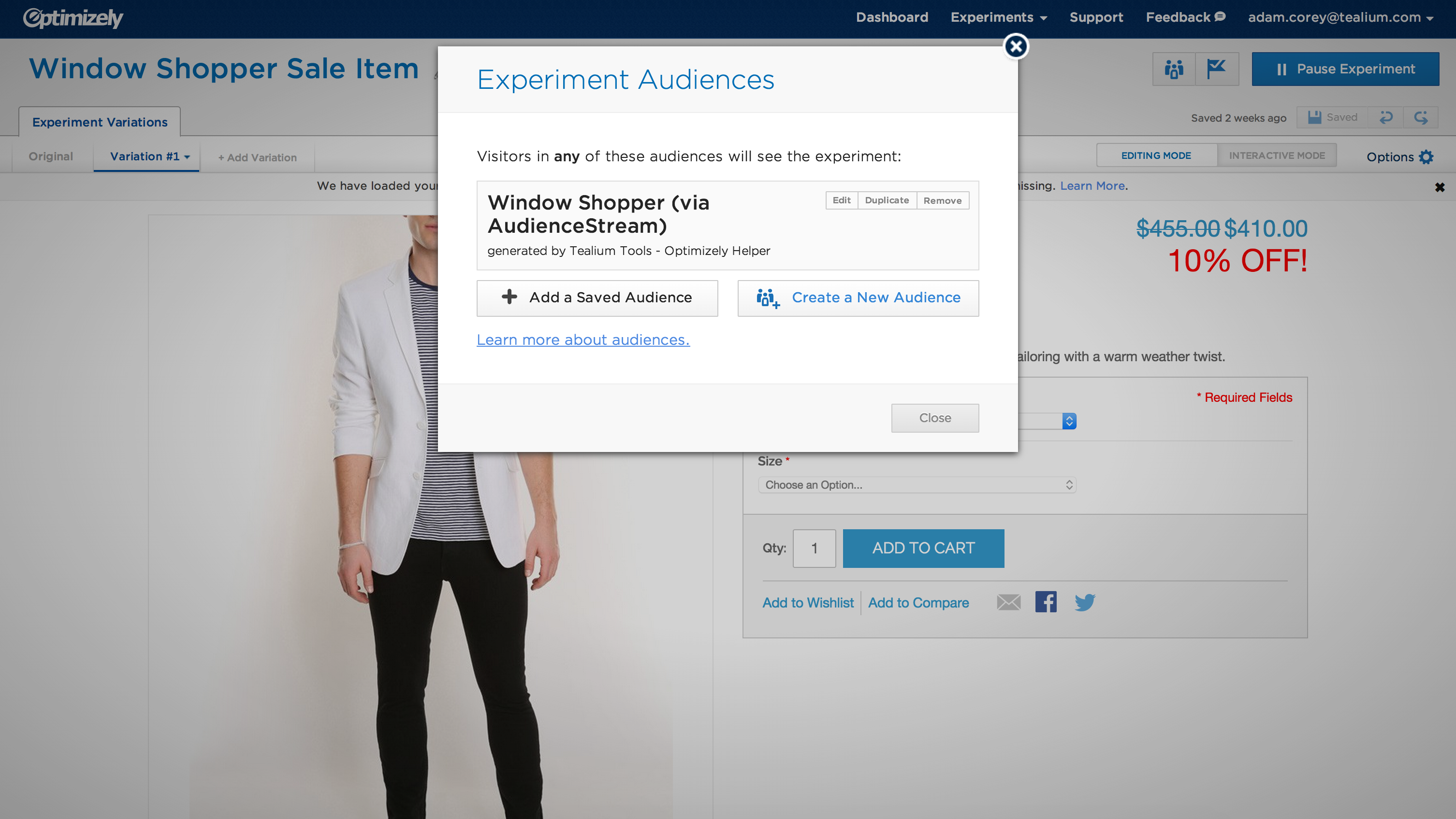 Once a segment has been created in Tealium AudienceStream, it can be easily added to the testing campaign within Optimizely.